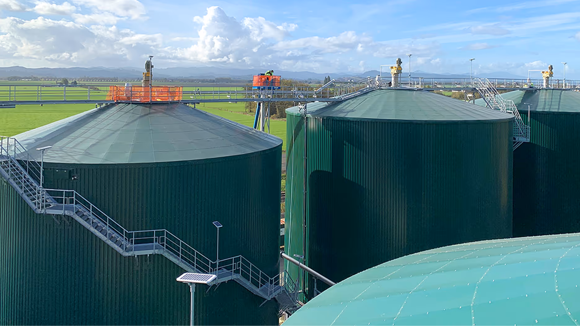 Anaerobic digestion tanks at a renewable natural gas production facility