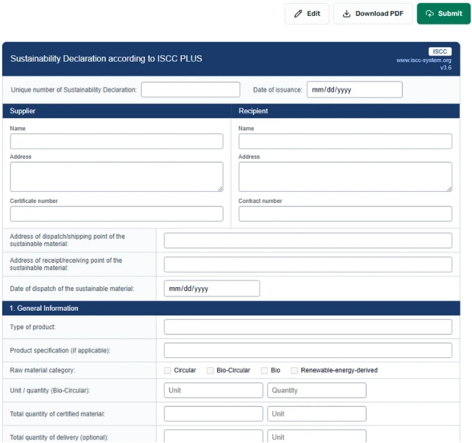 Rimba interface for preparing an ISCC PLUS Sustainability Declaration